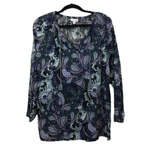 J. Jill Floral Blue Purple Paisley 100% Rayon Blouse Tassels